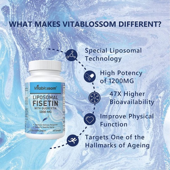 Vitablossom Liposomal Fisetin with Quercetin 1200mg/ 60 Softgels, High Absorption Antioxidant Flavonoid Vitamin Supplement Vitablossom Liposomal Fisetin with Quercetin 1200mg/ 60 Softgels, High Absorption Antioxidant Flavonoid Vitamin Supplement