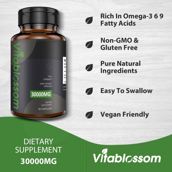 Vitablossom Hemp Capsule, 3000mg 60 Capsules Classic Formula, Made in UK Vitablossom Hemp Capsule, 3000mg 60 Capsules Classic Formula, Made in UK