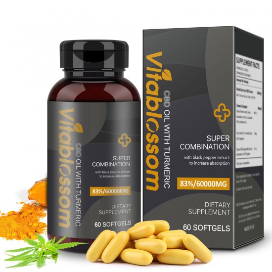 Vitablossom 83% C-B-D Oil 60000mg Turmeric 60 Hemp oil Softgels, New Arrival promotion Vitablossom 83% C-B-D Oil 60000mg Turmeric 60 Hemp oil Softgels, New Arrival promotion