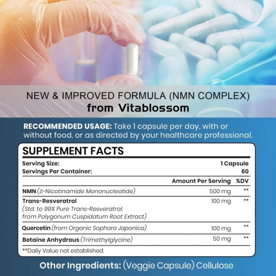 Vitablossom Advanced Formula NMN Capsule with Maximum Strength, 500mg Per Serving, 60 Capsules