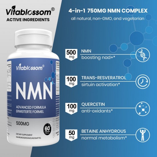 Vitablossom Advanced Formula NMN Capsule with Maximum Strength, 500mg Per Serving, 60 Capsules