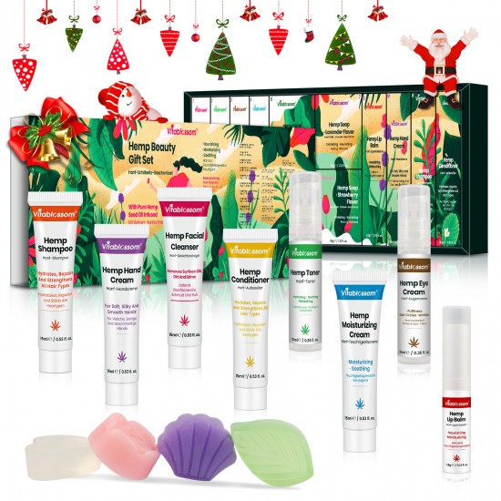 Vitablossom Hemp Beauty Gift Set-12PCS W/Eye Cream, Facial Cleanser, Toner, Moisturizing Cream, Facial Soap, Lip Balm, Hand Cream, Shampoo, Conditioner
