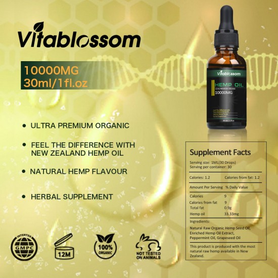 Vitablossom 33% Hemp Oil Drops, 10000mg 30ml, Great for Anxiety Pain Relief Sleep Support Vitablossom 33% Hemp Oil Drops, 10000mg 30ml, Great for Anxiety Pain Relief Sleep Support