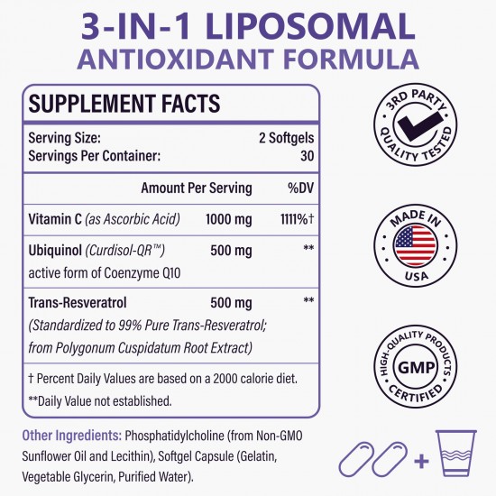 Vitablossom Liposomal 3 in 1 Anti-oxidant Complex, CoQ10 +Trans-Resveratrol 2000mg Vitablossom Liposomal 3 in 1 Anti-oxidant Complex, CoQ10 +Trans-Resveratrol 2000mg
