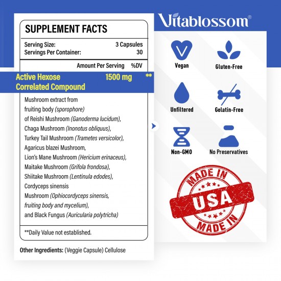 Vitablossom Active Hexose Correlated Compound Natural Mushroom Supplement 1500mg, 90 Capsules